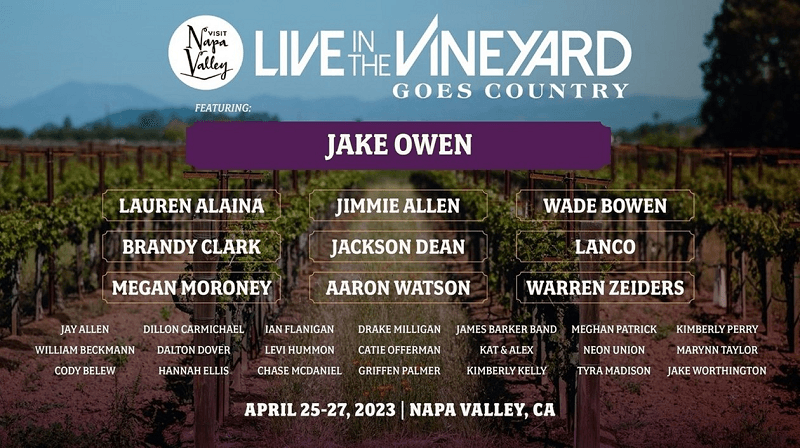 Live In The Vineyard Goes Country, Presented by Visit Napa Valley®, Announces Lineup for Upcoming Event, To Be Held April 25-27, 2023