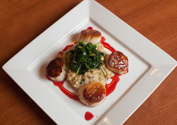 Pan Seared Scallops with Blood Orange Gastrique and Basil Risotto