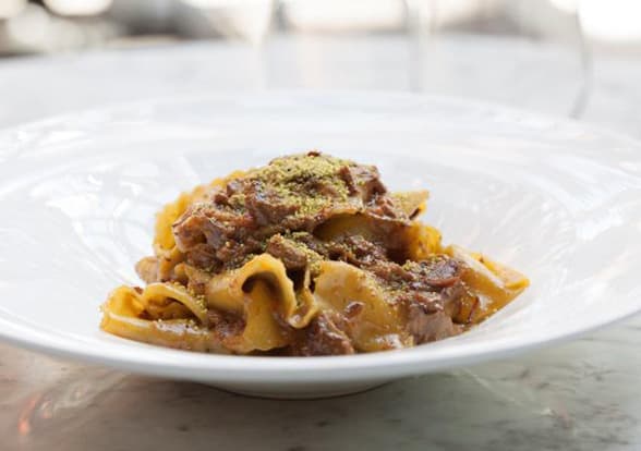 Pistachio Pappardelle, Chardonnay tagliatelle, and Baby Kale Salad with Crispy Guanciale and Cara Cara Oranges from RivaBella