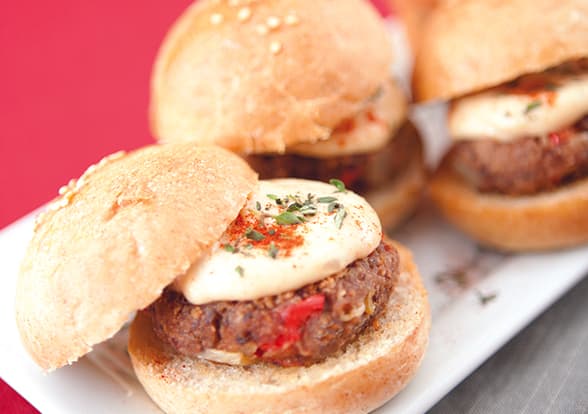 Southwest black bean and corn mini burgers with a smokey paprika cashew cheese