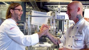 Chef Vinson Petrillo and Chef Wylie Dufresne at the S.Pellegrino Young Chef 2015 Finals Competition held in Milan, Italy. (Photo: Business Wire)