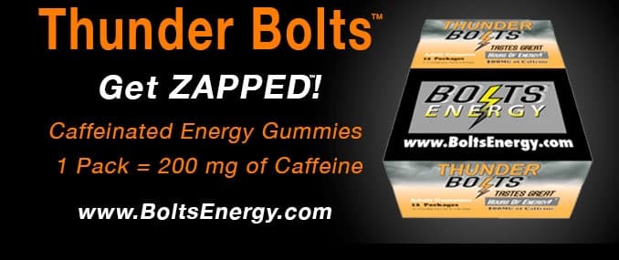 Thunder Bolts Thunder Bolts™ Caffeinated Orange Flavored Gummies packed with 200 mg of Caffeine