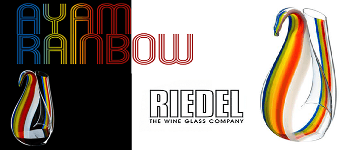 A “cocky” rainbow decanter by Riedel for Elton John AIDS Foundation