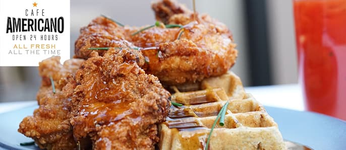 Cafe Americano’s – FRIED CHICKEN AND BLUE CORN WAFFLE