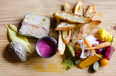 Chicken Liver Pâté, Pickles, and Pistachio Pesto