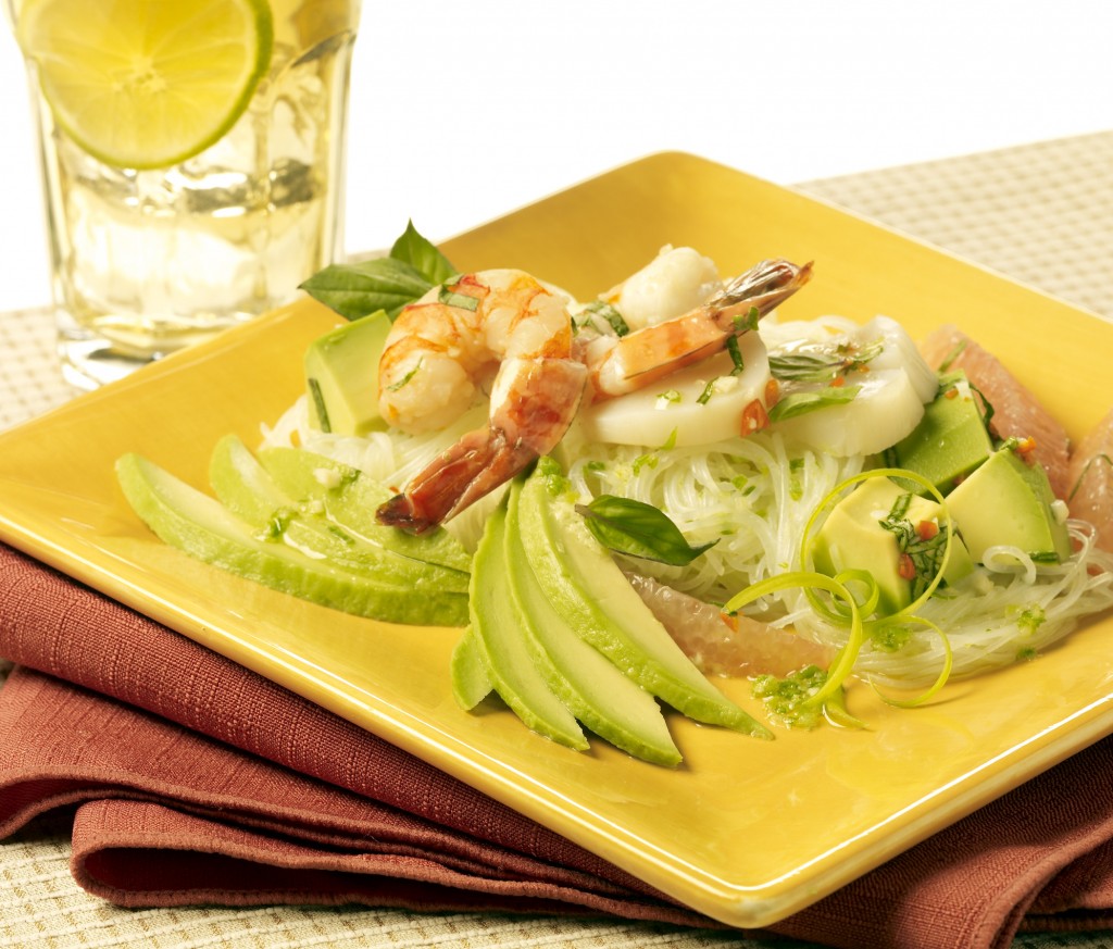 Seafood, Pomelo & California Avocado Salad with Scallion Rice Noodles