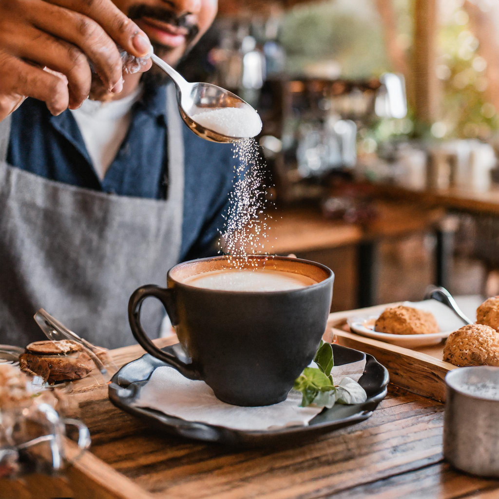 a man putting Sucralose (Splenda) in his coffee
