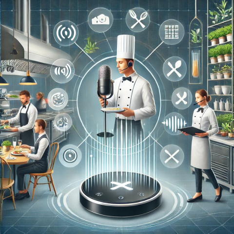 A professional and clean graphic illustrating the power of hands-free, voice AI-powered assistance in the restaurant and hospitality industry.