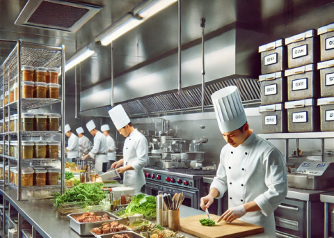 DALL.E 2024-12-09 11.23.18 - A highly realistic scene of a professional restaurant kitchen with chefs actively preparing meals. The kitchen features stainless steel counters, fres