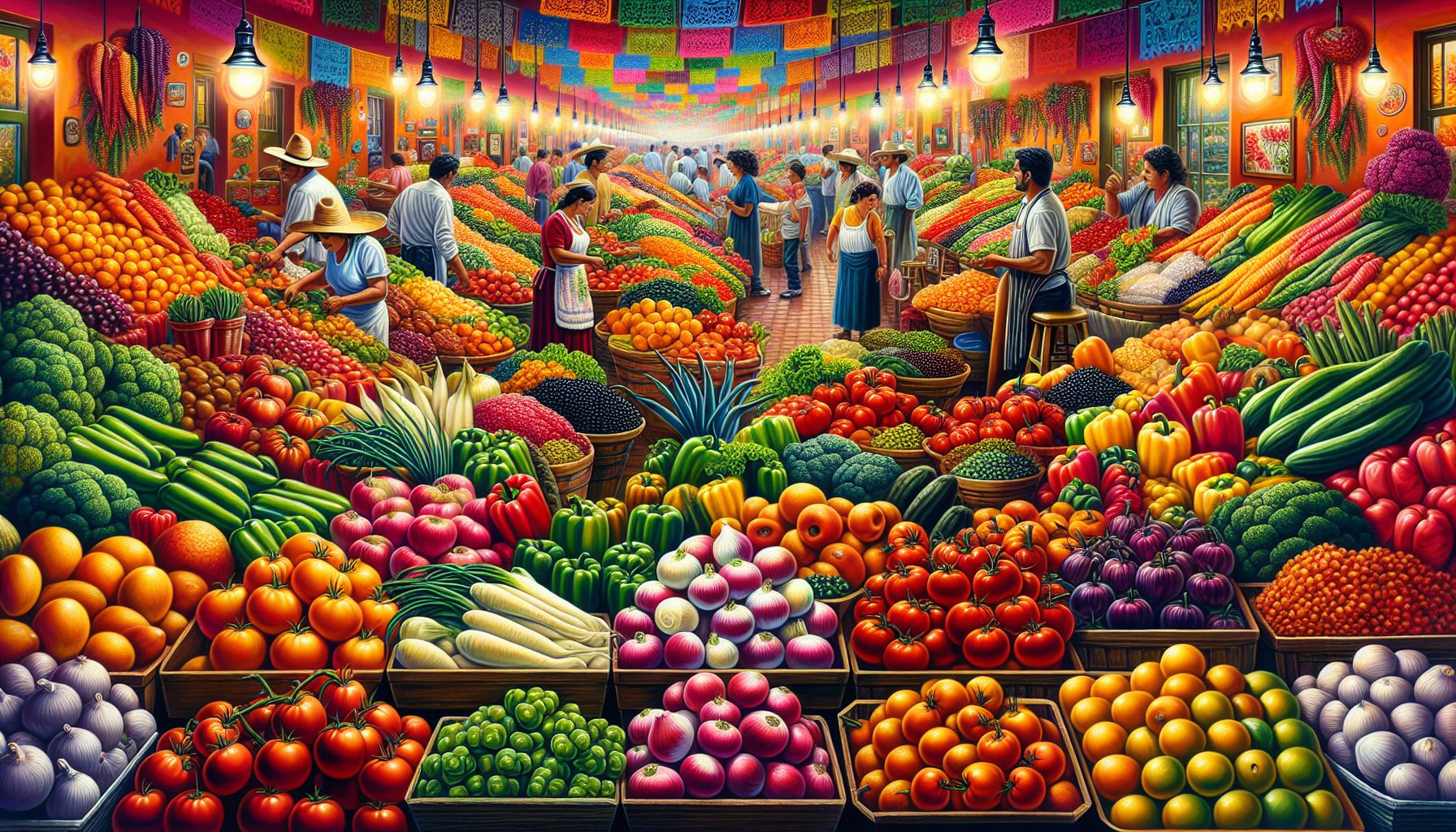 Tex-Mex produce market with colorful fruits and vegetables.
