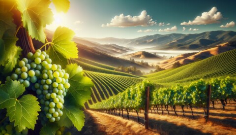 Vineyard landscape in Sonoma County with ripe grapes ready for harvest.