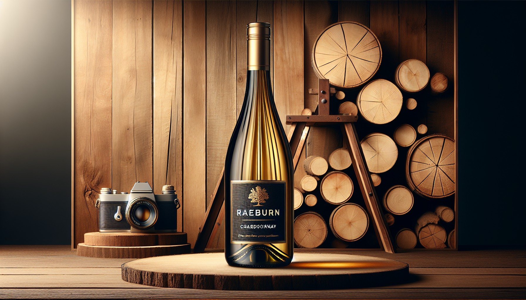 Raeburn Chardonnay wine bottle on a rustic wooden table.