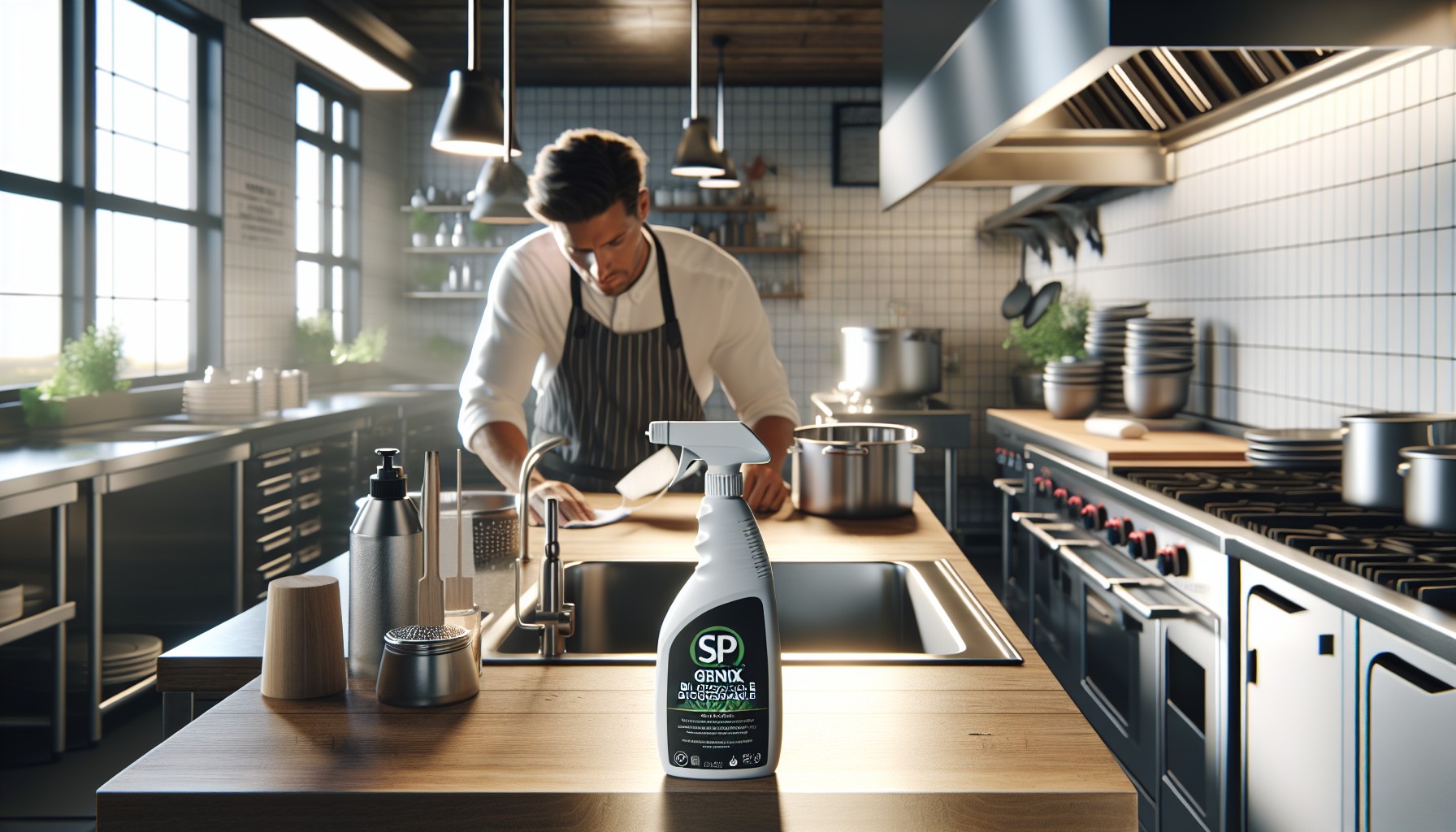 Eco-friendly degreaser in use in a foodservice environment.