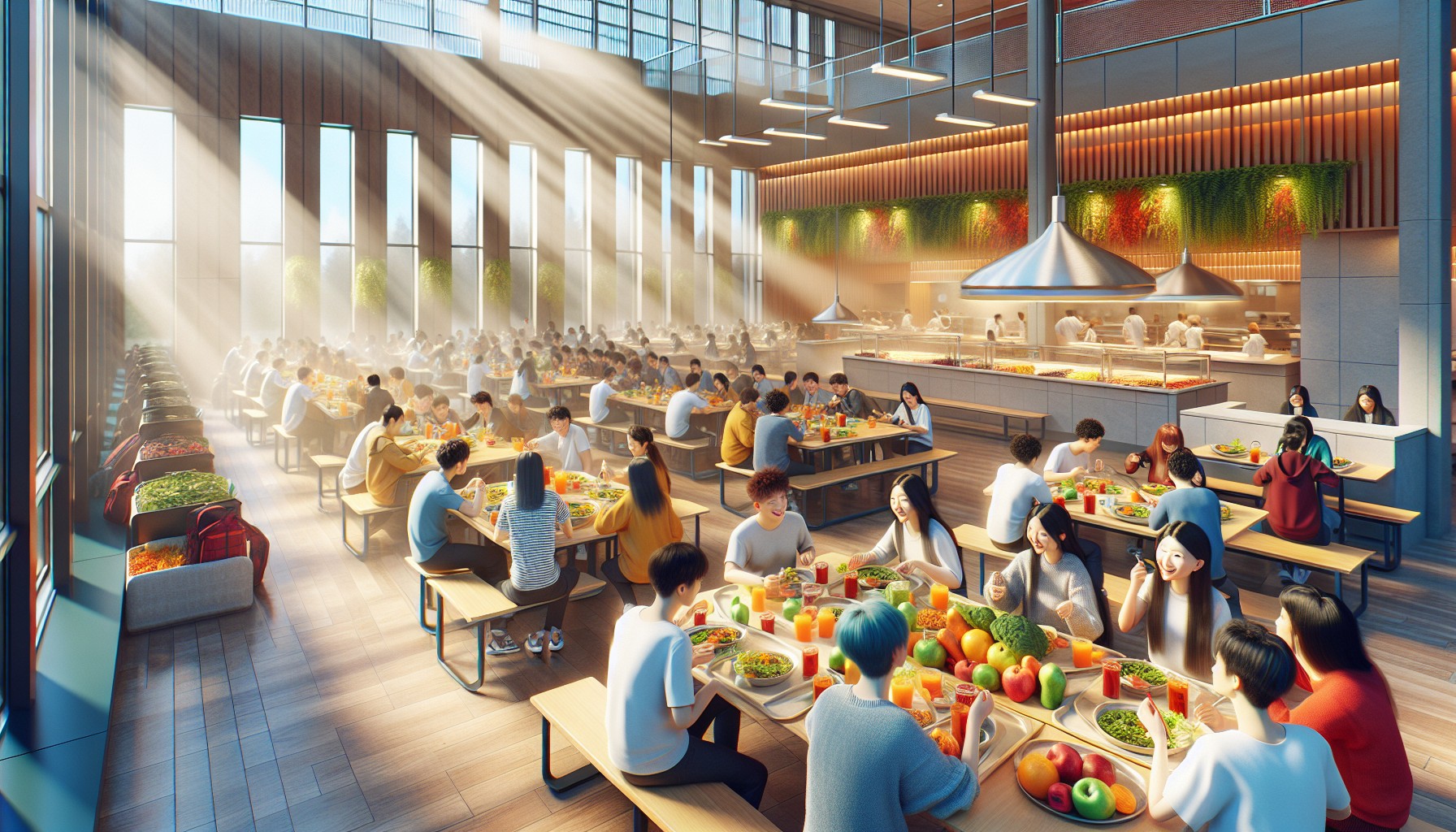Students dining together in a college cafeteria.