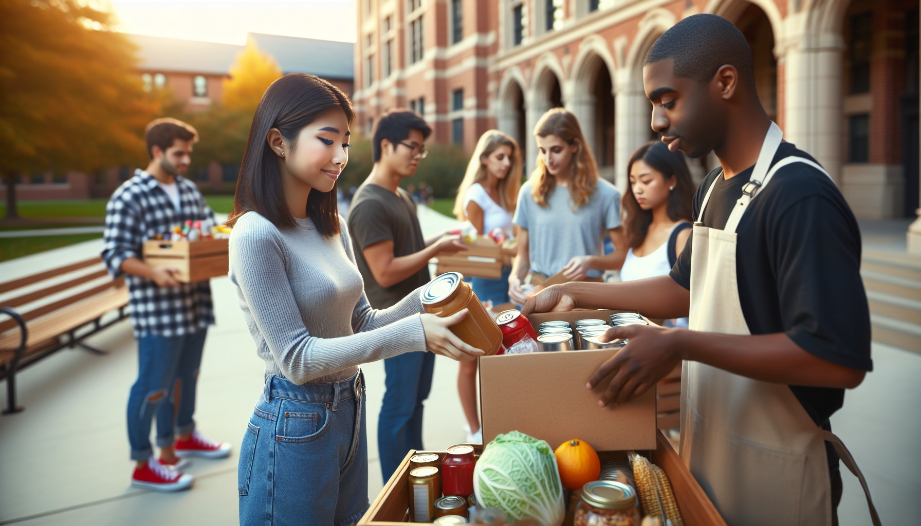 College students participating in a food drive on campus.