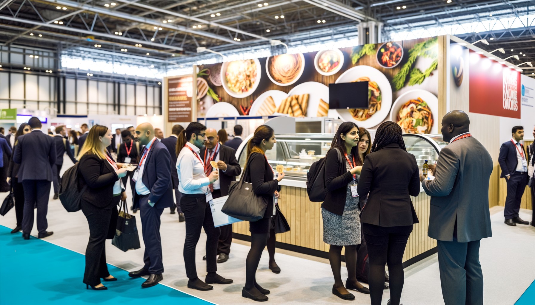 Engaged exhibitors and attendees at a foodservice trade show.