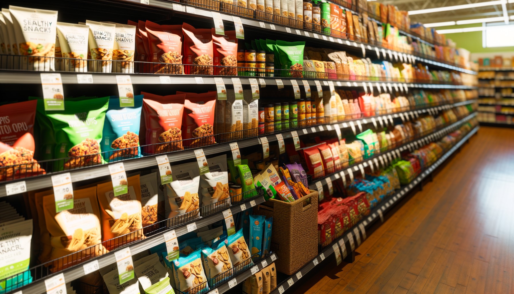 A diverse selection of healthy snacks displayed in a retail environment.