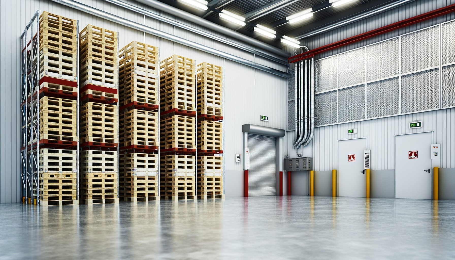 Interior of a cold storage facility with pallets