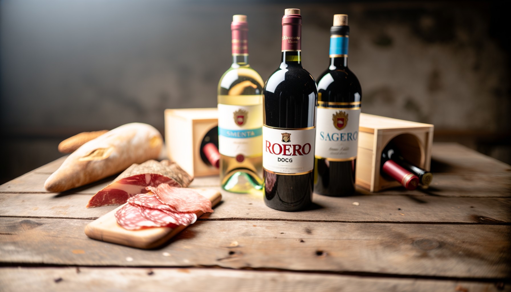 A selection of Roero DOCG wines and Italian deli meats