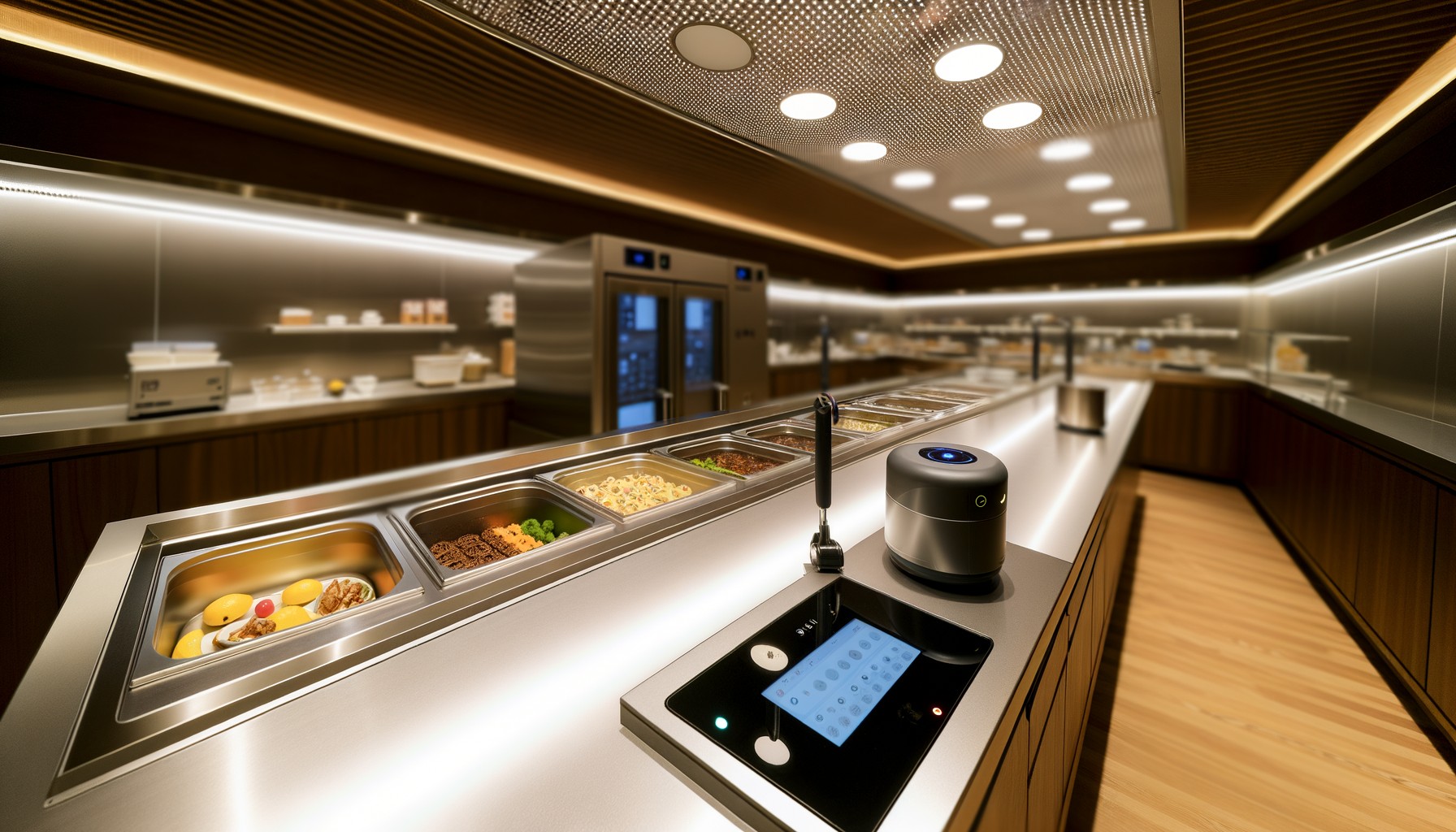 A modern kitchen utilizing AI technology for food preparation.