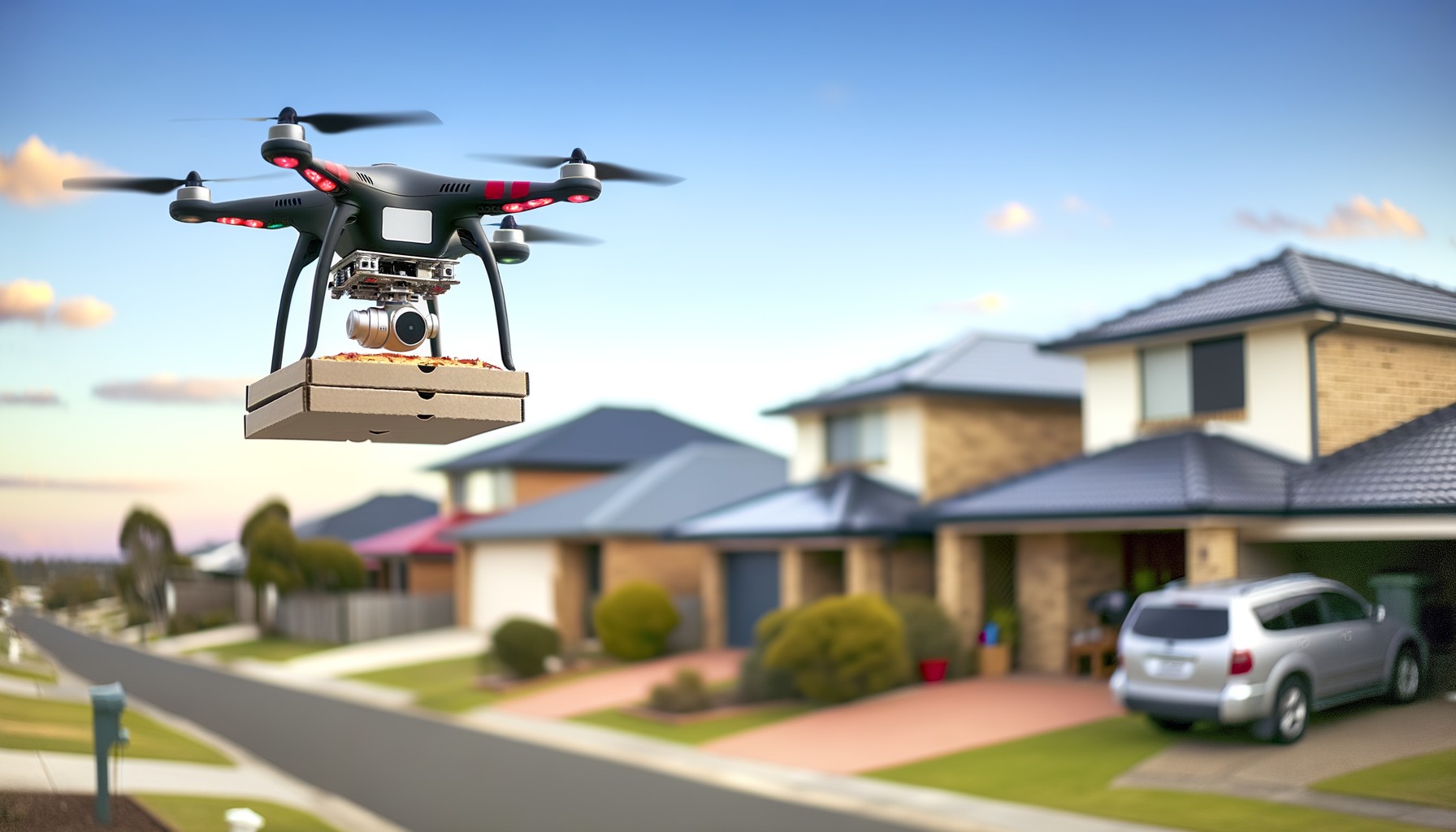 Drone delivering pizza in a suburban area