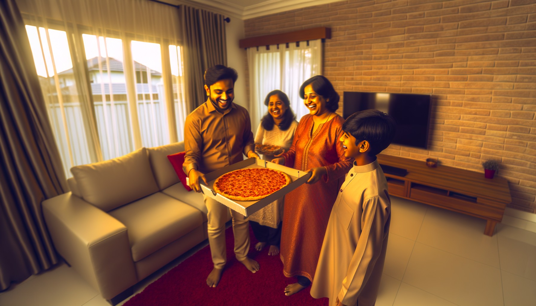 Family enjoying pizza delivered by drone