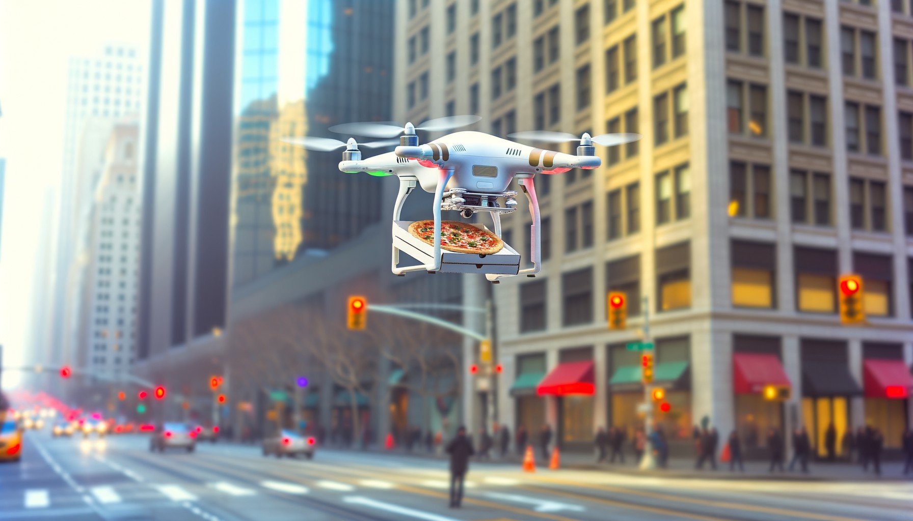 Drone delivering pizza in a city
