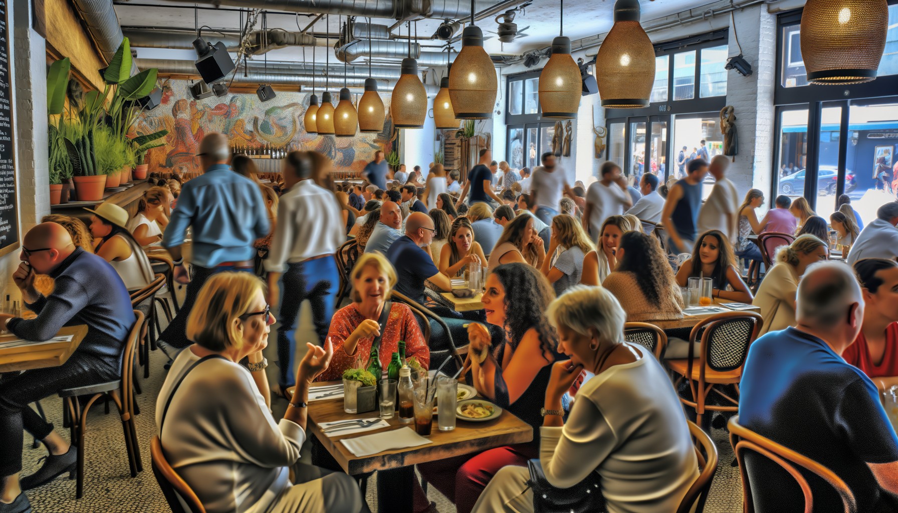 A busy restaurant interior filled with customers enjoying their meals.