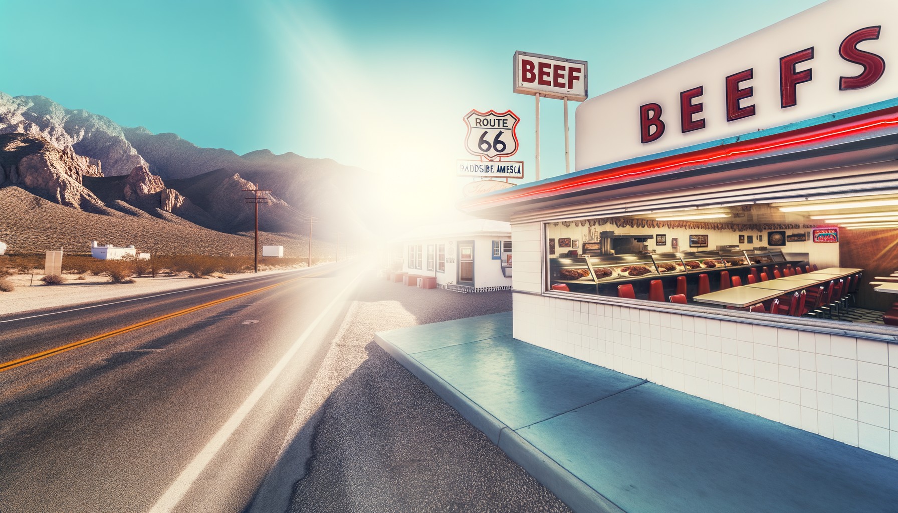 Scenic Route 66 with diners and beef dishes.