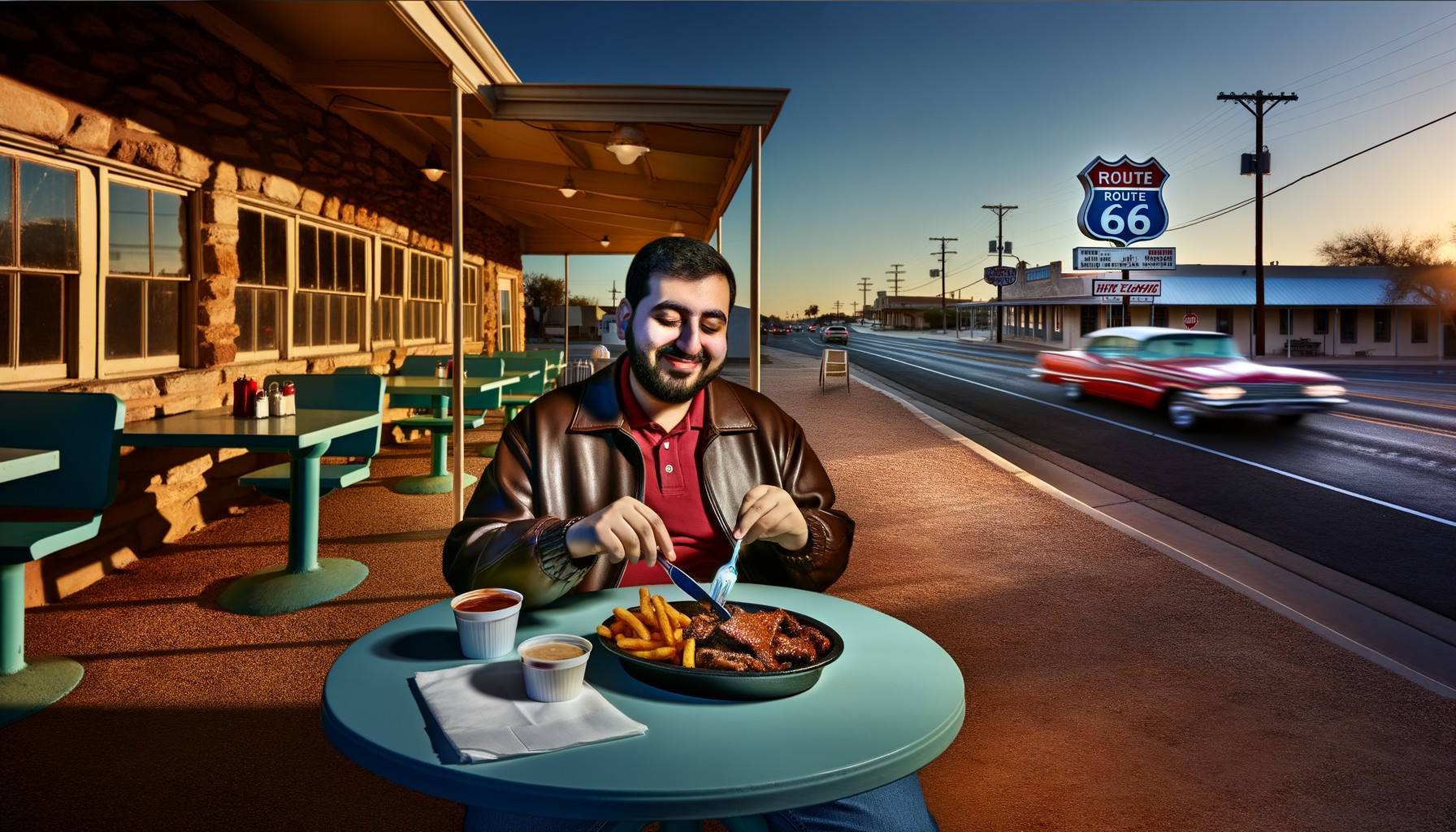 Traveler enjoying beef barbecue on Route 66.