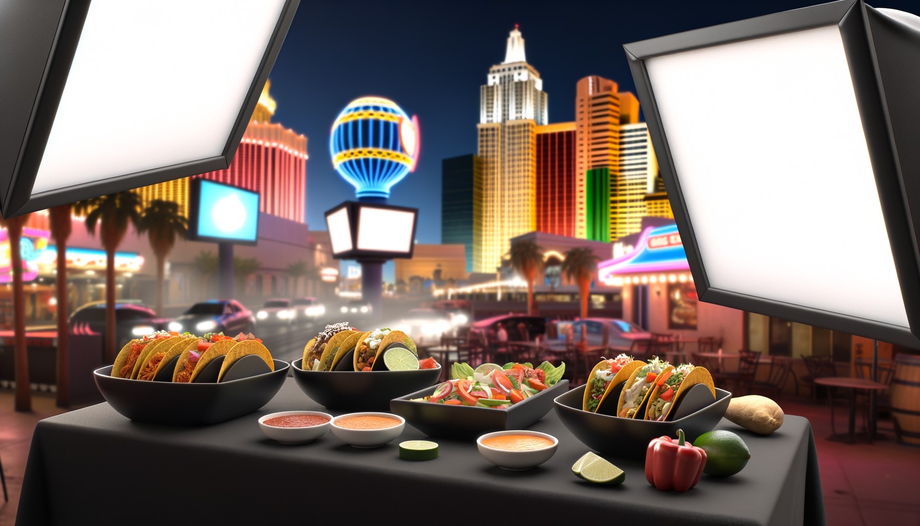 An assortment of colorful tacos served on a festive table at Villa's Tacos in Las Vegas.