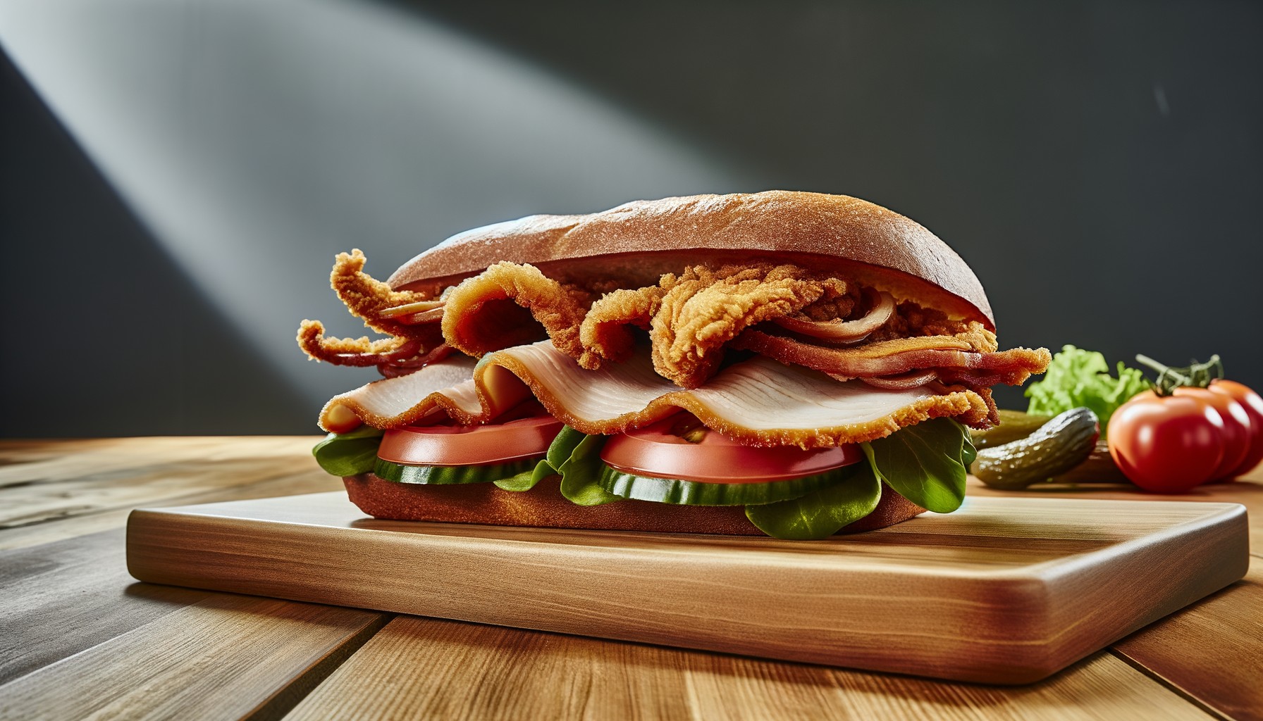 A gourmet sandwich featuring Boar's Head Deep Fried Turkey Breast with fresh vegetables and condiments.