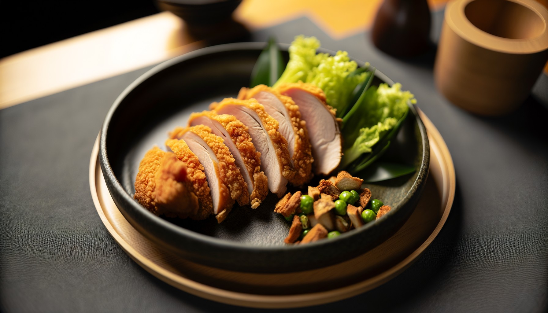 A beautifully arranged dinner plate with Boar's Head Deep Fried Turkey Breast, side dishes, and garnishes.