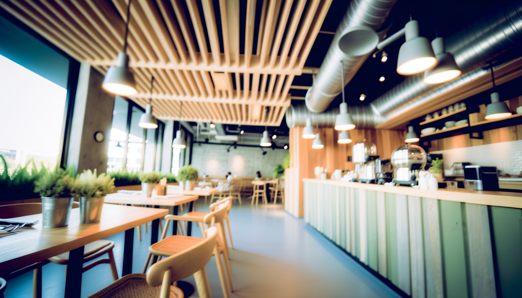 A sustainable restaurant interior emphasizing eco-friendly practices.